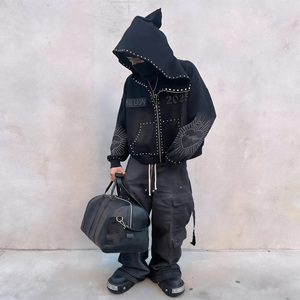 Custom Men's French Terry 100% Cotton Boxy Streetwear Hoodie Acid Wash Hoodie 3D Rhinestone Embroidery Oversized <b>Zipper</b> Hoodie - Product Image 3