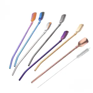 Stainless Steel Square Straw Spoon Camping Dual-use Creative Long Handle Stirring Spoon Beverage Coffee Colorful Straw