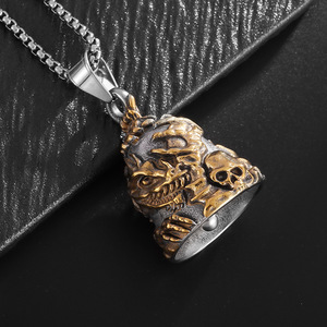 Vintage Gold Plated <b>Titanium</b> Steel Bell Pendant Necklace Unisex Fashion Jewelry Two Tone Design Dragon Motif Lucky Exorcism - Product Image 3