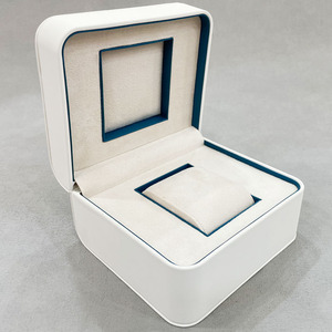 Boîte à montre de luxe en cuir PU blanc avec bordure bleue, étui de rangement et d'emballage cadeau haut de gamme pour une seule montre - Product Image 4