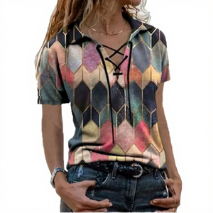 Blusa de satén transpirable de manga corta con cuello en V para mujer, estilo casual urbano, holgada y de color liso - Product Image 4