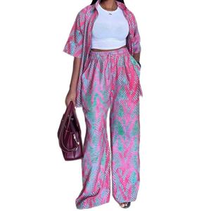 Women's Plus Size Loose Collar Short Sleeve Printed Shirt & High-Waisted Wide-Leg Casual <b>Pants</b> African 2-Piece Set Fashion - Product Image 1