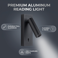 Lampe de lecture LED à montage mural Type-C et USB, construction en aluminium, design minimaliste, pour hôtel et chambre à coucher