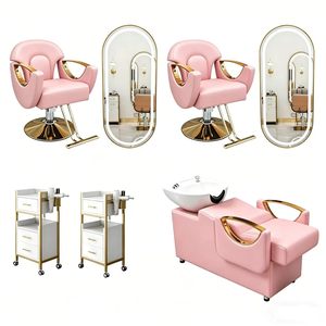 Ensemble de mobilier de salon moderne noir et or : Fauteuil de barbier hydraulique, Miroir LED, Unité de lavage, Chariot - Product Image 2