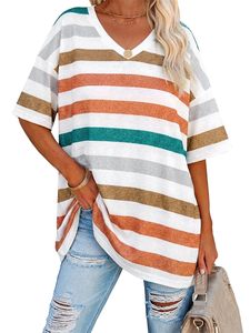 <b>Women's</b> V Neck Striped Short Sleeve T-Shirt Loose Fit Cotton Casual <b>Top</b> Spring Summer Style - Product Image 2
