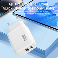 Adaptateur d'alimentation électrique avec prise EU approuvé CE, double port, adaptateurs pour téléphone portable, chargeur rapide type C 30W Gan, bloc mural