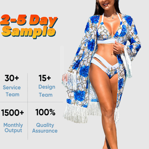 Ensemble de maillot de bain trois pièces à fleurs pour <span class=keywords><strong>femme</strong></span> avec jupe en <span class=keywords><strong>voile</strong></span> et maillot de bain <span class=keywords><strong>bikini</strong></span> Offre Spéciale à pompon <span class=keywords><strong>femme</strong></span> - Product Image 5