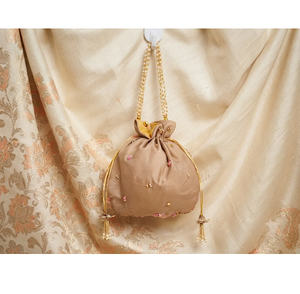 <b>Beige</b> Silk Saddle Shape Potli Bag Handcrafted Metallic Wire Embroidery Wedding Bridal Ethnic Festive Evening Party Classic - Product Image 4