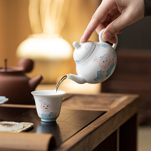 Hand-Painted Cute Rabbit Ceramic Teapot Pear-Shaped With Lid For Kung Fu <b>Tea</b> <b>Set</b> - Product Image 2