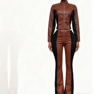 Wanita lengan panjang kerah berdiri jaket & celana PU kulit tambal sulam warna diblokir kasual 2-Piece Set Sehe Fashion - Product Image 5