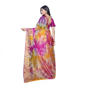 Sari de organza Bandhani bordado KV (rosa) - Product Image 1