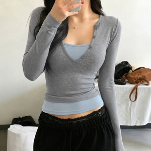 Fall New Two in One <b>Patchwork</b> Blue Gray Color Block Slim Fit Regular Shoulder Long Sleeve T Shirt <b>Top</b> for Women - Product Image 3