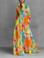 Robe bohème de haute qualité en coton mélangé pour femmes, col montant, manches longues, imprimé, longueur au sol, robe de vacances avec poches latérales