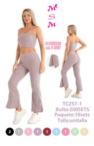 Tc257 1 Set di maglioni in maglia da donna, top corto senza spalline e pantaloni lunghi fino alla caviglia, vestibilità aderente, tinta unita, traspirante, in cotone ed elastan. - Product Image 3