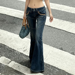 Jean Y2K Streetwear Vintage Taille Basse en Denim, Coupe Droite, Ourlet Fendu, Jambe Évasée, Lavable, Respirant, Effet Usé - Product Image 3