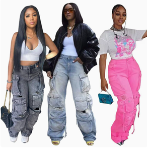 Pantaloni Cargo da Donna a Vita Alta, Gamba Larga, 6 Tasche, Stile Y2K Streetwear, Denim Lavato all'Acido, Pronti per la Spedizione - Product Image 1
