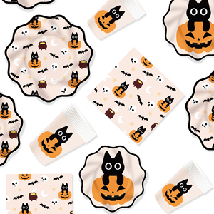 DAMAI Little Cat and Pumpkin Halloween Party <b>Table</b> Decoration Disposable Paper Plates Served 10 Guests Tableware Sets - Product Image 5