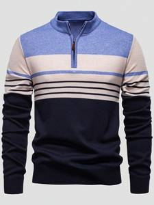 In Offerta: Maglione da <span class=keywords><strong>Uomo</strong></span> a Blocchi di Colore e Righe, con Collo Alto Antirughe e Zip a Quarto, Ideale per Uscite Casual - Product Image 3