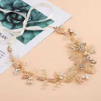 Fashion Gold Leaf Flower Bridal Hairband Headbands Pearl Hairband Wedding Handmade Crystal Beads Headdress Headpiece