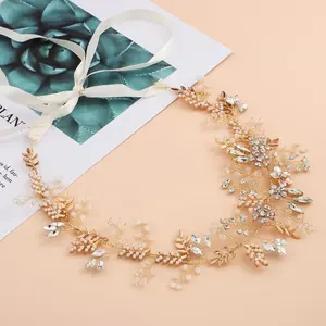 Fashion Emas Daun Bunga Bridal Hairband Bando Pita Rambut Mutiara Pernikahan Buatan Tangan Manik-manik Kristal Bulang Headpiece