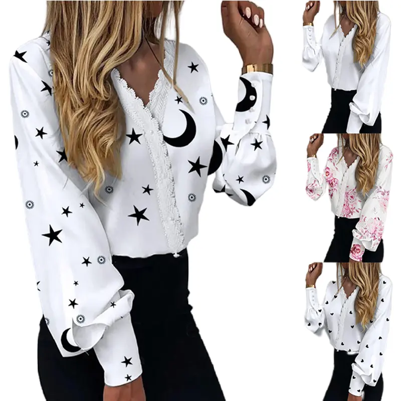 YQY8024 Latest Design Fashion Ladies Spring Summer Shirts For Women Print Lace Casual Shirts