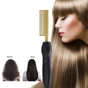 China Wet and Dry Use Hair Straightener Brush Curling Iron Straightening Comb Electric Gold Copper Hair Straightener Hotcomb