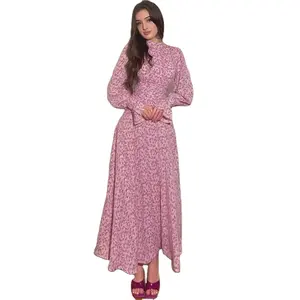Manufacturer Wholesale 2024 Summer Gentle Style Loose Floral Satin Design Tie Muslim Dresses Indian Pakistani Clothing Abaya