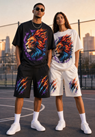 Ensemble deux pièces personnalisé unisexe avec t-shirt en coton mélangé tricoté respirant à imprimé numérique motif Lion de Rue Flammé et short à cordon de serrage