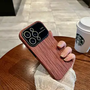 Phone case for iPhone 15 promax large window imitation wood grain iPhone14 protective cover 13