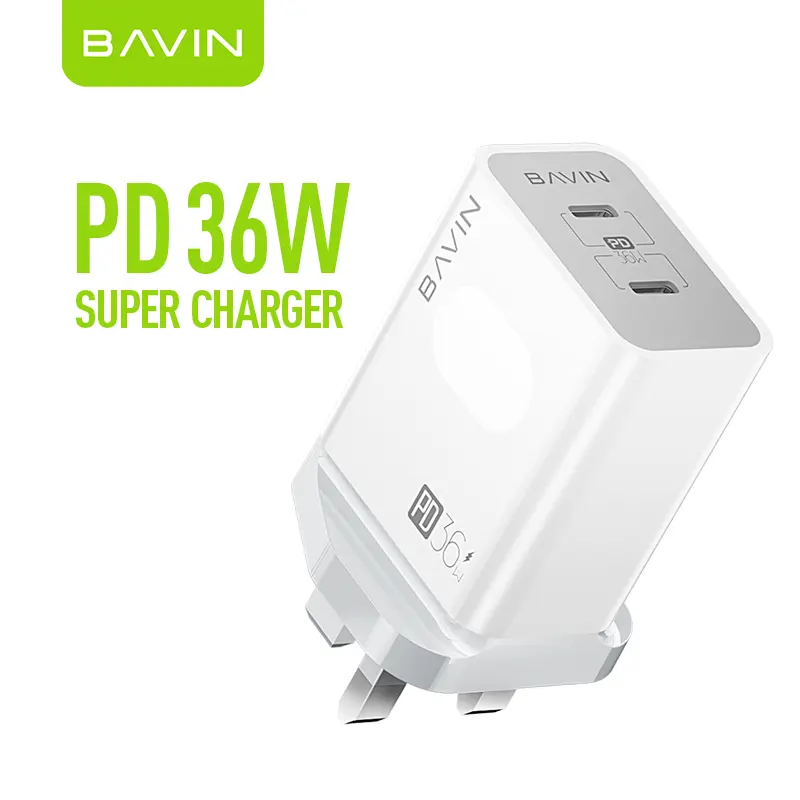 BAVIN الجملة سعر المملكة المتحدة الاتحاد الأوروبي المزدوج USB نوع C PD 36W سريع شحن الهاتف المحمول مهايئ لشاحن لأني الهاتف 14 PC859E