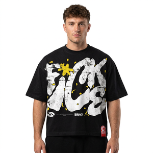 T-shirt noir surdimensionné pour homme avec impression de lettres blanches et jaunes, streetwear, col rond, manches courtes, jersey en coton - Product Image 6