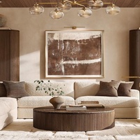 Table basse en marbre naturel, style campagnard américain, avec plateau rond, structure en bois massif noyer, meuble central pour salon de villa