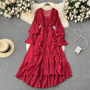 2024 vacaciones gasa Vestidos largos <span class=keywords><strong>Mujer</strong></span> hoja de loto encaje cuello en V temperamento plisado cintura volantes vestido Casual para <span class=keywords><strong>mujer</strong></span> - Product Image 1