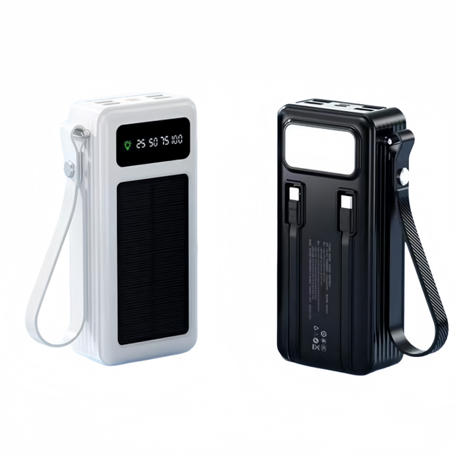 New Product 2026 Portable 20000mah Solar Power Bank 30000mah 50000mah with Built-in Cables and Rugged Flashlight