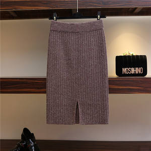 60-80CM Elastis Band Wanita Rok Musim Gugur Musim Dingin Hangat Rajutan Lurus Rok Bergaris Bergaris Mid-Rok Panjang - Product Image 6