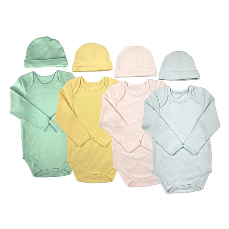 Support OEM 4 Colors 100% Cotton Long-sleeved Summer Baby Clothing Rompers Set bodysuit With Cap
