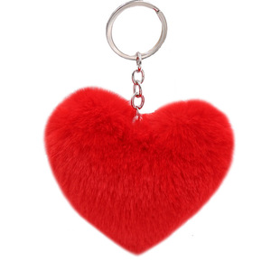 Heart Shaped Faux Rex Rabbit Fur Pom Pom Keychain Love Heart Bag Charm Plush Wholesale Valentine Gifts