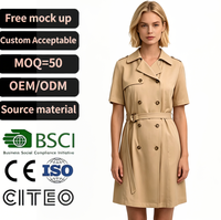 Robe Trench Kaki à Manches Courtes pour Femme, Mini-Robe Ceinturée à Double Boutonnage, Col Revers, Tenue Élégante Printemps-Été pour le Bureau