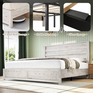 Lit en bois de style campagnard, cadre de lit plateforme blanc taille king avec tête de lit cannelée et rangement <span class=keywords><strong>sous</strong></span> le lit - Product Image 2