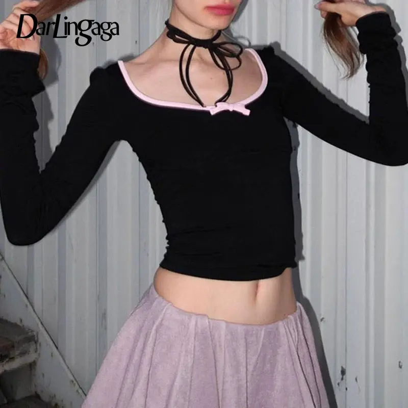 Korean Fashion Stitch Women T-shirts Slim Bow Coquette Clothes Kawaii Autumn Tee Cropped Tops y2k Clothing Backless