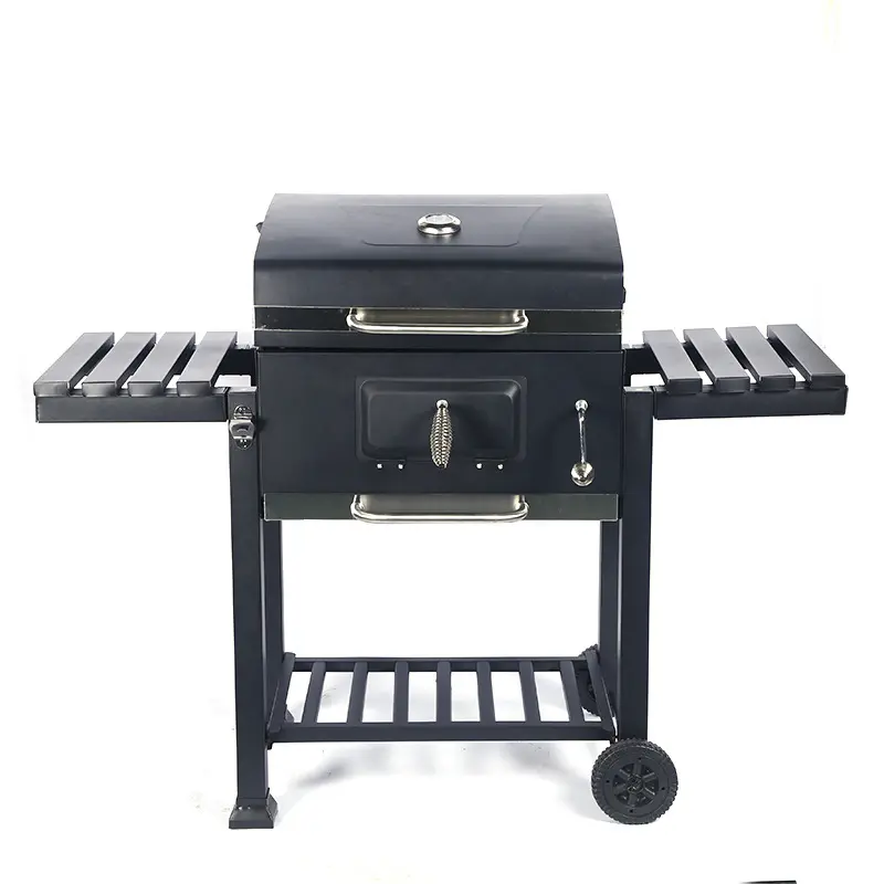 Grande Barbecue nero all'aperto affumicatore di carne quadrato grande carrello a carbone Barbecue Grill con tavolino