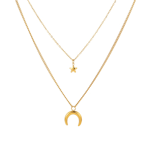 Collier double couche en acier inoxydable plaqué or 18 carats, motif lune et étoile, résistant au ternissement, pour femme - Product Image 2
