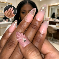 Faux Ongles Réutilisables en ABS à Presser, Longs, Forme Cercueil, Nude, avec Fleurs 3D et Perles, Design Feuille Verte Personnalisé OEM, Fournitures pour Ongles en Gros