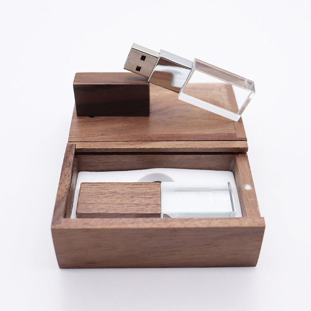 Custom 3D Laser Logo Wooden Transparent Glass USB 2.0 3.0 8GB 16GB Wood Crystal USB Stick 32GB Memory Flash Drive Wedding Gift