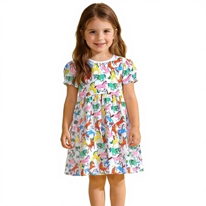 Vestito Casual Estivo per Bambine con Stampa di Cavalli Colorati, Maniche Corte, in Cotone, Linea ad A, per Uso Quotidiano di Bambini e Bimbi Piccoli - Product Image 1
