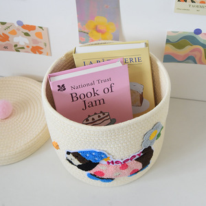 Cesta de Almacenamiento Redonda de Tela No Tejida Beige Happy Puppy, Organizador de Escritorio para el Hogar y Dormitorio - Product Image 4