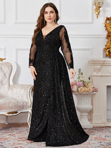 <span class=keywords><strong>Robe</strong></span> <span class=keywords><strong>de</strong></span> soirée formelle pour femmes grandes tailles, noire, col en V profond, manches longues, maille et sequins brillants, taille cintrée, jupe évasée, pour l'été - Product Image 5