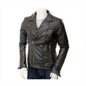 Veste de motard en cuir véritable noir pour homme, veste de moto matelassée aux épaules, fermeture éclair asymétrique, coupe ajustée - Product Image 1