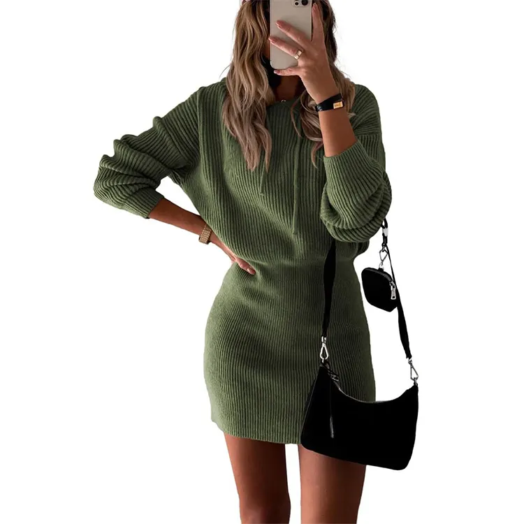 Top Quality Women's Winter Rib Knit Pullover 2023 Fashion Dresses Long Sleeve Hooded Bodycon Sweater Dress
