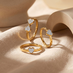 Bague Cœur Minimaliste Empilable en Acier Inoxydable 304 Plaqué Or 18K avec Zircons Pavés pour Filles – Idéale au Quotidien - Product Image 1